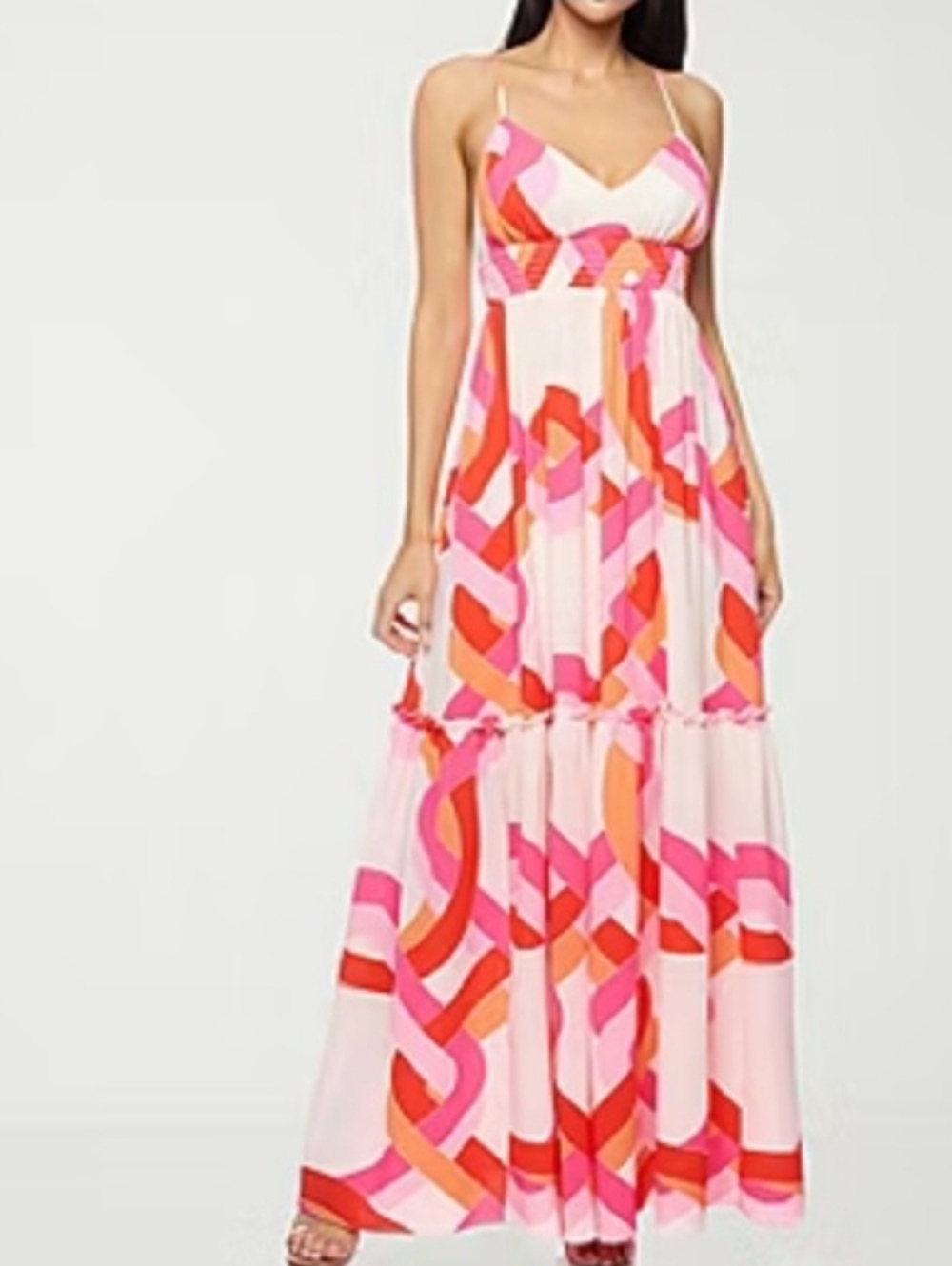 Premier Amour Size 18 Pink & Red Geometric Spaghetti-Strap Maxi Dress
